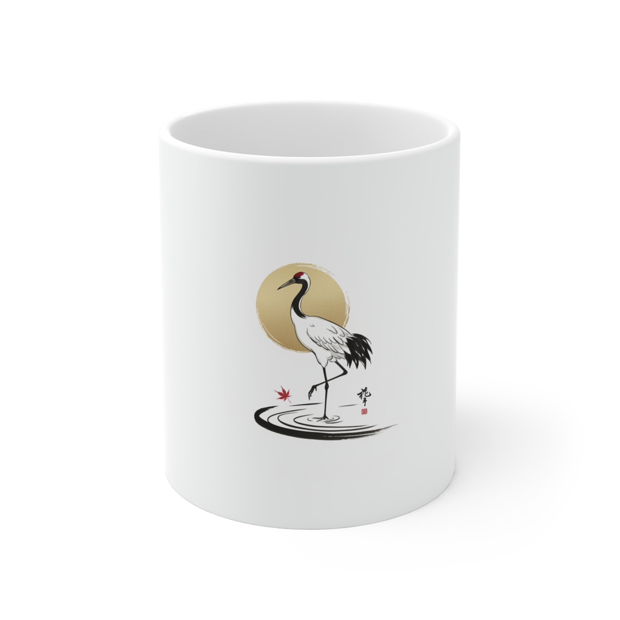 Japanese Crane Mug — Minimalist Zen Bird Coffee Cup with Rising Sun