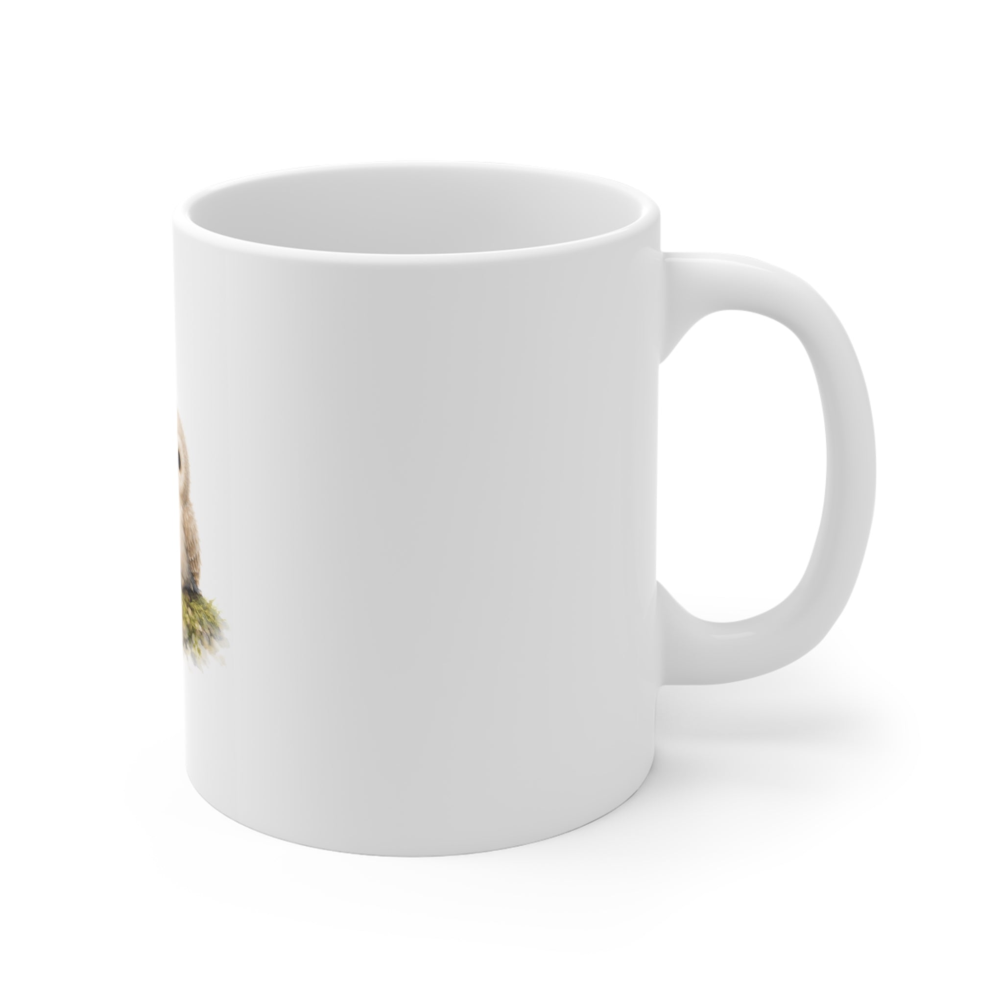 Cute Owl Chick with Leaf Ceramic Mug — 11oz Japanese-Style Illustration
